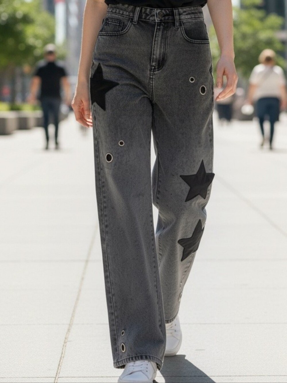 Daisy Street Gray Acid Wash Star Patch Wide Leg Jeans Y2K Grunge Gorpcore US 3